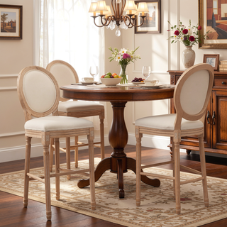 Sunvega French Country Upholstered Barstools with Burlap Fabric and Wooden Legs