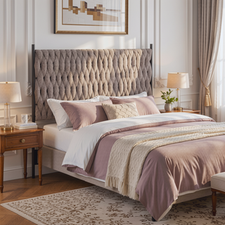 Sunvega Braided Matisse Queen Size Headboard with Grey Fabric and Black Metal Frame