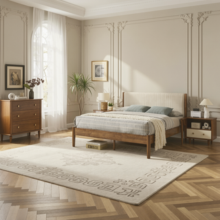 Sunvega Rubberwood Bedroom Set with Queen Upholstered Bed Dresser Mirror Nightstands
