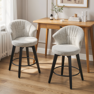 Sunvega 360 Swivel Bar Stools Set of 2 with Solid Wood Legs and Chenille Upholstery