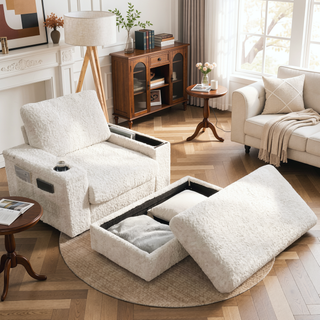 Sunvega Faux Rabbit Fur Sofa Bed with Storage Ottoman Cup Holders and Armrests
