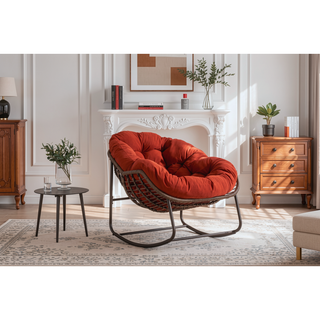 Sunvega Oversized Outdoor Rattan Rocking Chair with Padded Cushion and Steel Frame