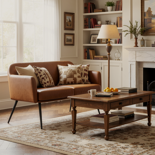 Sunvega Industrial High Back Bench in Black Steel and Camel Faux Leather