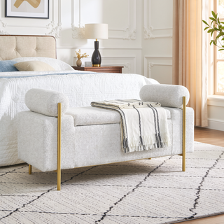 Sunvega Elegant Upholstered Linen Storage Bench with Cylindrical Arms and Iron Legs