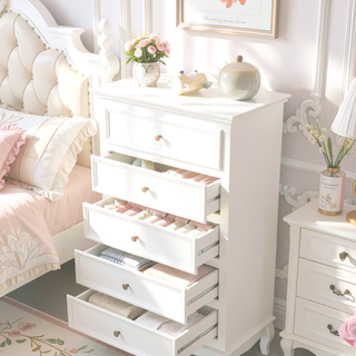 Sunvega Modern White Fluted 5-Drawer Dresser with Solid Wood Legs and Wave-Shaped Bar