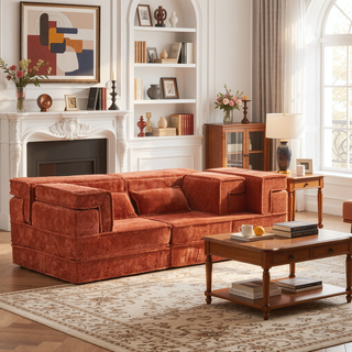 Sunvega Convertible Modular Sectional Mahjong Sofa Bed with Ottoman in Circle Fleece Fabric
