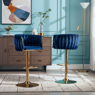 Sunvega Set of 2 Swivel Adjustable Bar Stools with Chrome Footrest and Navy Velvet