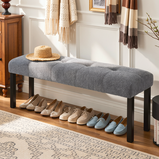 Sunvega Modern Tufted Linen Entryway Bench with Black Rubber Wood Legs for Kitchen