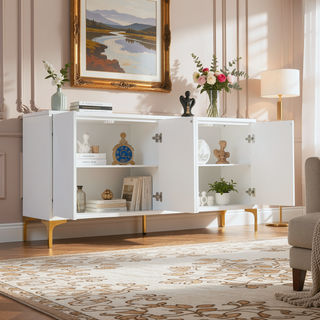 Sunvega White Modern High-Gloss Storage Cabinet with Carved Door Panels and Adjustable Shelves