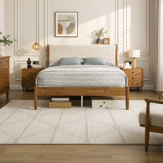 Sunvega Rubberwood Bedroom Set with Queen Upholstered Bed Dresser Mirror Nightstands