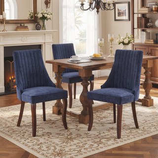 Sunvega Blue Rayon Cloth Flocking Linen Dining Chairs with High Backrest and Solid Wood Legs, Set of 2