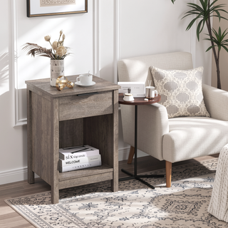 Sunvega White Wooden End Table with Charging Station and 2 Drawers for Bedroom