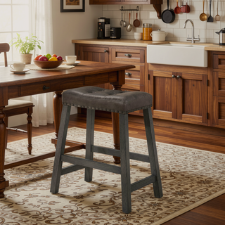 Sunvega Distressed Wooden Farmhouse Barstools with Faux Leather Seat, Counter-Height