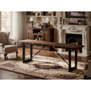 Sunvega Industrial U-Shape Metal Legs Walnut Black Finish Two Tone Design Bench