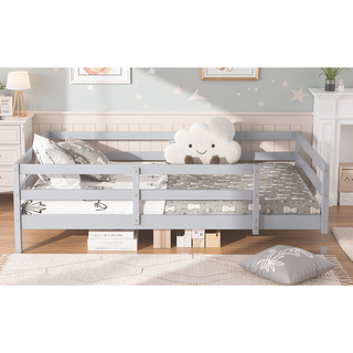 Sunvega Full Size Floor Bed with Fence for Kids Made of Sturdy Pine Wood