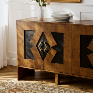 Sunvega Mid Century Modern Sideboard Buffet Cabinet with Geometric Pattern and Adjustable Shelves