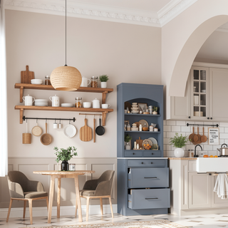 Sunvega Freestanding Tall Kitchen Pantry Cabinet with Faux Marble Top and 5 Storage Drawers