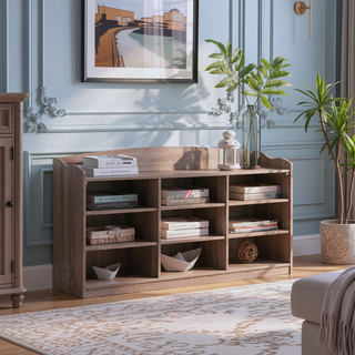 Sunvega Dark Taupe Wooden Entryway Organizer Bench with Nine Storage Shelves
