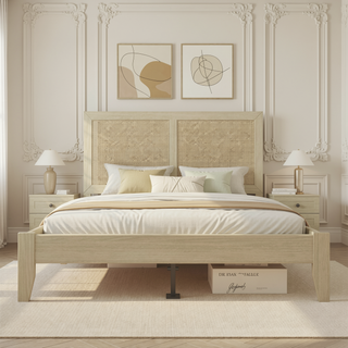 Sunvega Solid Wood Queen Bed Frame with Rattan Headboard and Silent Slats