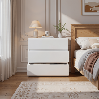 Sunvega 3 Drawer White Chest with Metal Rails for Bedroom Storage