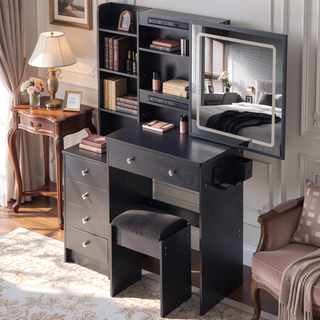 Sunvega 37 Inch Left Bedside Vanity Table with Cushioned Stool and Sliding Mirror