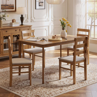 Sunvega Solid Wood Dining Table and Chair Set with Upholstered Cushions for Practical Household Use