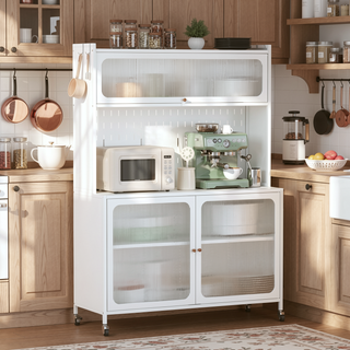Sunvega Modern Kitchen Pantry Cabinet with Glass Doors and Adjustable Shelves for Living Room