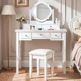 Sunvega Compact Makeup Vanity Table with Reversible Mirror and Stool for Small Spaces