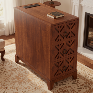 Sunvega American Style End Table with Charging Station Drawers and Arc Design