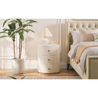 Sunvega Upholstered Round Nightstand with 3 Drawers and Marbling Top