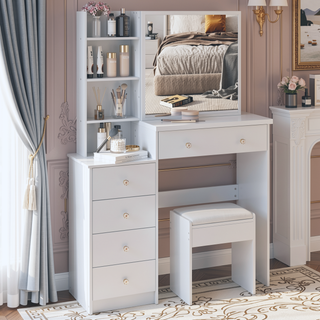 Sunvega 37 Inch Left Bedside Cabinet Vanity Table with Cushioned Stool and Sliding Mirror
