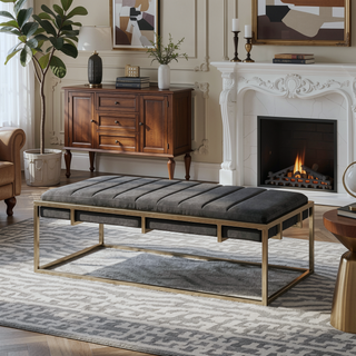 Sunvega Modern Velvet Ottoman Bench with Plush Channel Pleating and Brass Finish