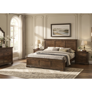Sunvega Traditional Wood Panel Bed Set with Dresser Mirror and Two Nightstands