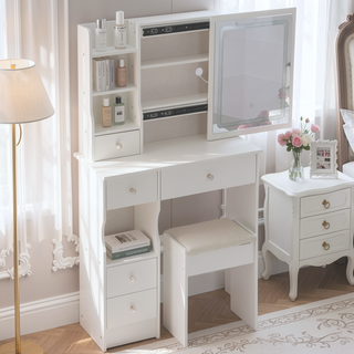 Sunvega Small Space Vanity Table with Cushioned Stool and Extra Large Sliding Mirror