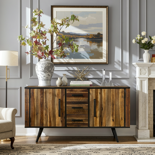 Sunvega Antique Acacia Finish Buffet Cabinet with Soft Close Drawers for Living Room