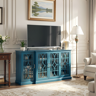 Sunvega 63" Teal Blue TV Stand with Carved Door Design and Four Storage Doors