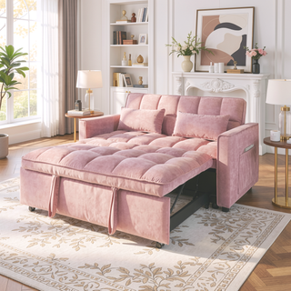 Sunvega Pink Velvet Convertible Sofa Bed with Reclining Backrest and Storage Pockets