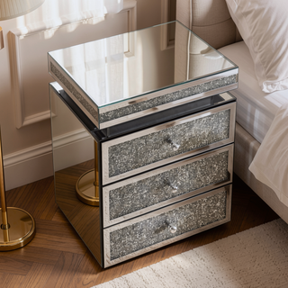 Sunvega Mirrored Nightstand with Crystal Inlay and 3 Spacious Drawers for Bedroom