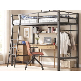 Sunvega Twin Metal Loft Bed with L-Shaped Desk, Charging Station and Safety Guardrails