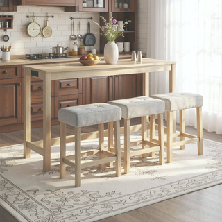 Sunvega 59 Inch Bar Table Set with Power Outlet and 3 Upholstered Stools for Kitchen