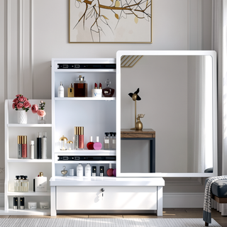 Sunvega White Vanity Desk with Mirror and Lights for Makeup and Chair