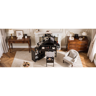 Sunvega Corner Vanity Desk Set with Storage Stool Charging Station and Glass Tabletop