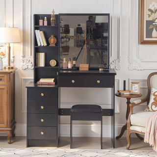 Sunvega 37 Inch Left Bedside Cabinet Vanity Table with Cushioned Stool and Sliding Mirror
