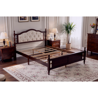 Sunvega Queen Pine Wooden Bed with Upholstered Headboard and Panel Footboard