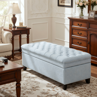 Sunvega Blue Fabric Storage Ottoman with Birch Legs for Living Room Seating