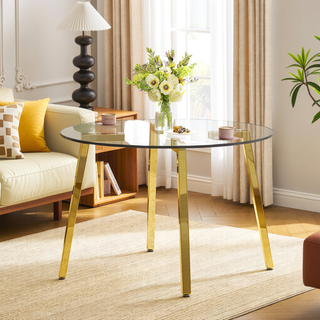 Sunvega Modern Minimalist Circular Transparent Glass Table with Golden Metal Legs