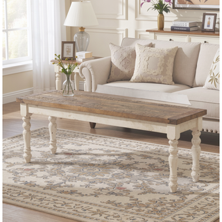 Sunvega Two-Tone Antique White and Distressed Oak Upholstered Dining Bench