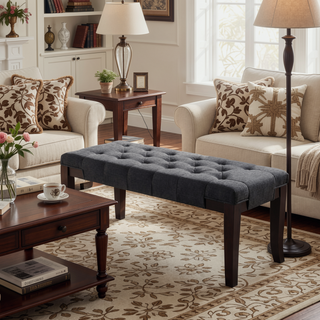 Sunvega Tufted Faux Leather Upholstered Bench with Tapered Hardwood Legs