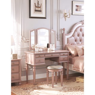 Sunvega Contemporary Black Rubber Wood Vanity Set with Foldable Mirror and Stool