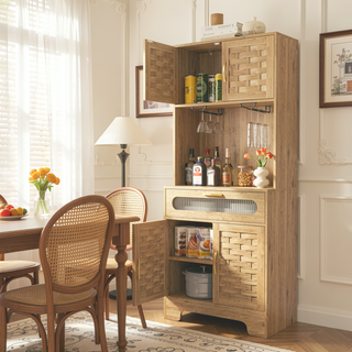 Sunvega Mid-Century Wood Storage Cabinet with 3 Woven Doors and Adjustable Shelf
